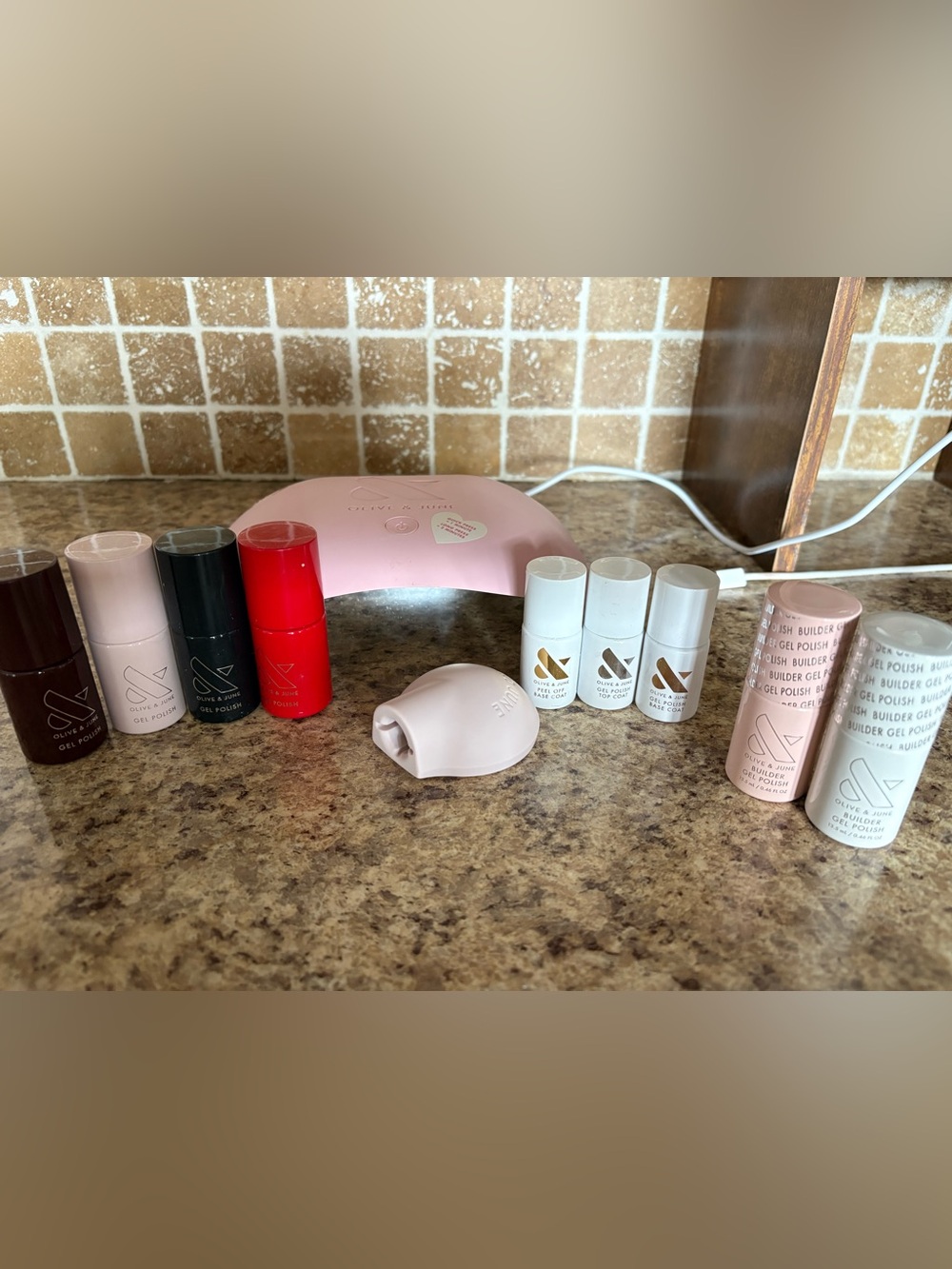 Olive and June LED Nail Lamp with gel polish and builder gel polish